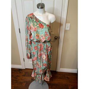 Hermant & Nandita Pink Teal Tan Floral Velvet One Sleeve Olivia Dress, Size M
